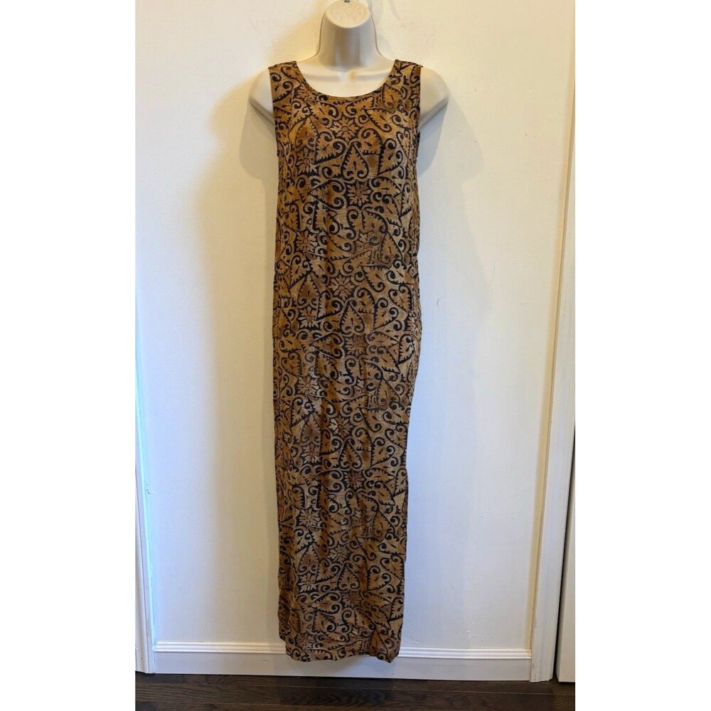 Max Studio Tan Black Paisley Maxi Dress sz S Sleeveless Tie back Accent western
